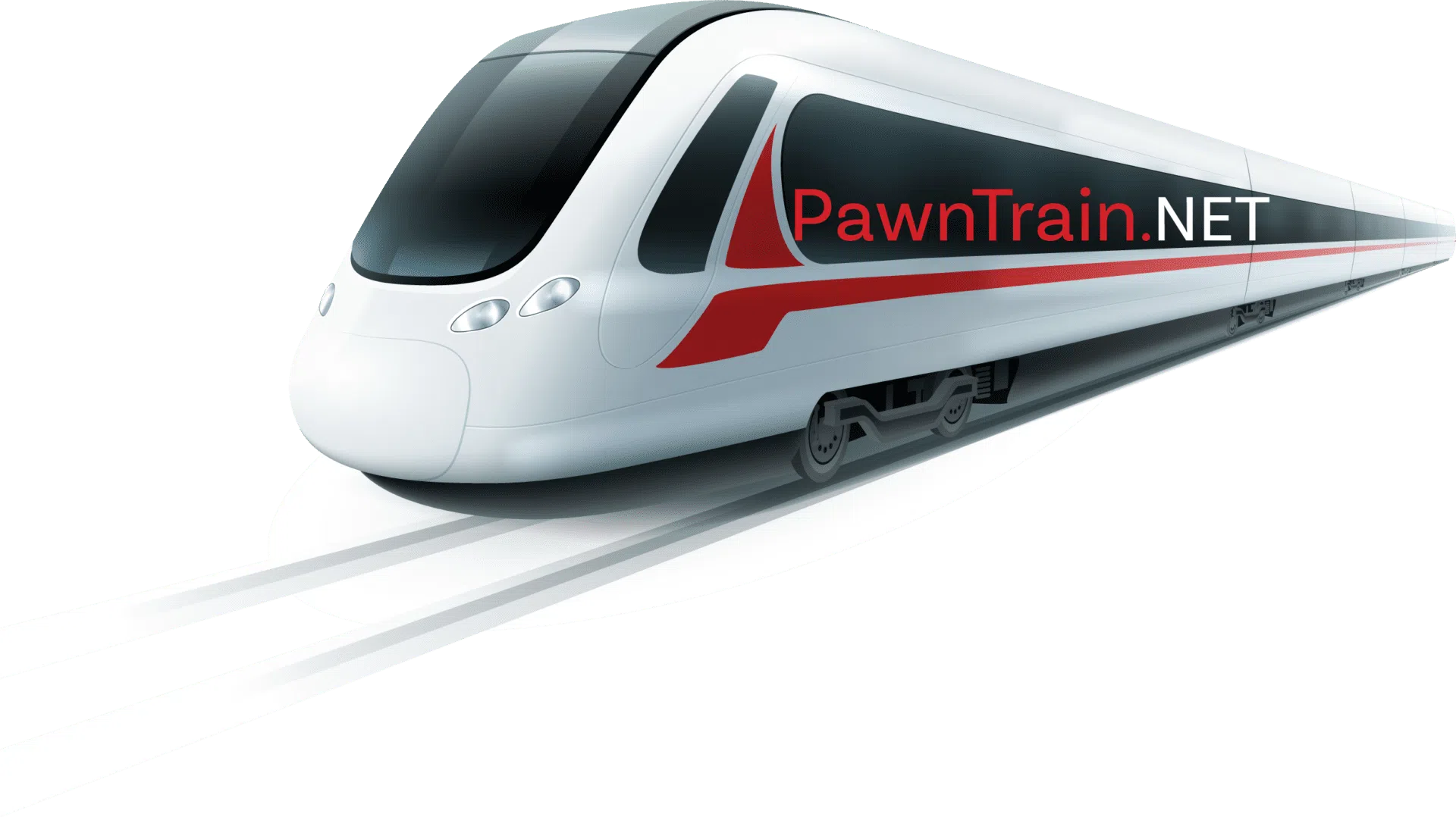 Modern train with PawntTrain.NET logo.